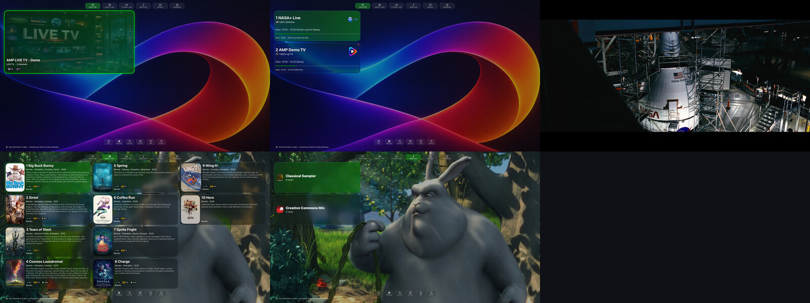 AMP Pro on Apple TV showing live TV, films, music and playback