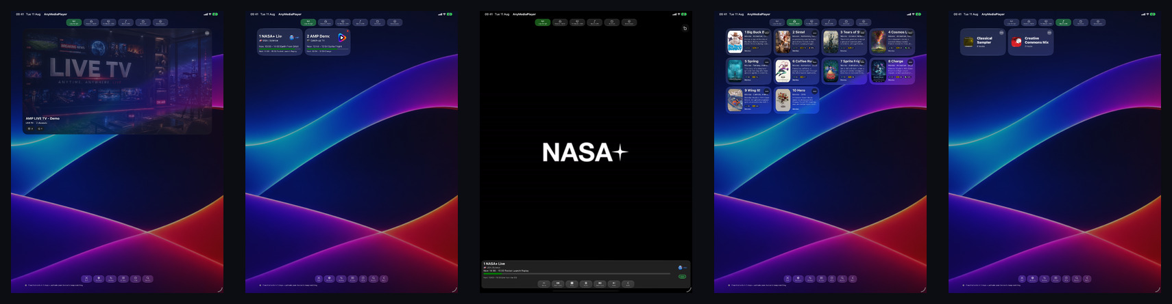 AMP Pro interface on iPad with live TV, guide, playback, movies and music