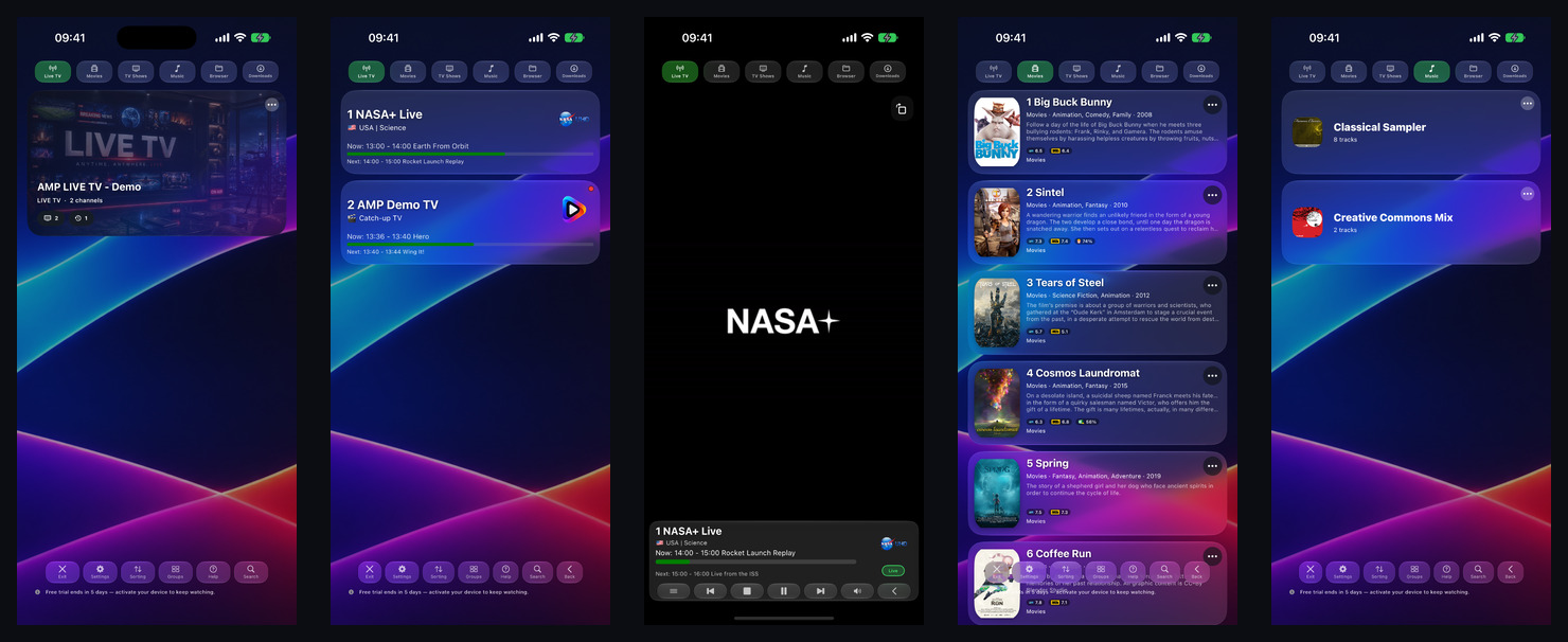 AMP Pro interface on iPhone with live TV, EPG, playback, movies and music