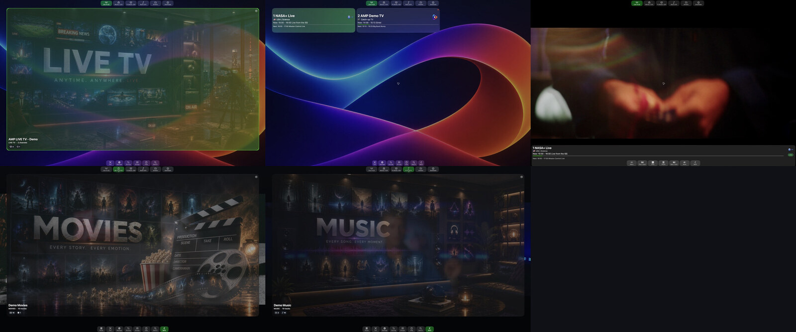 AMP Pro running on Mac with live TV, channel guide, movies and music views